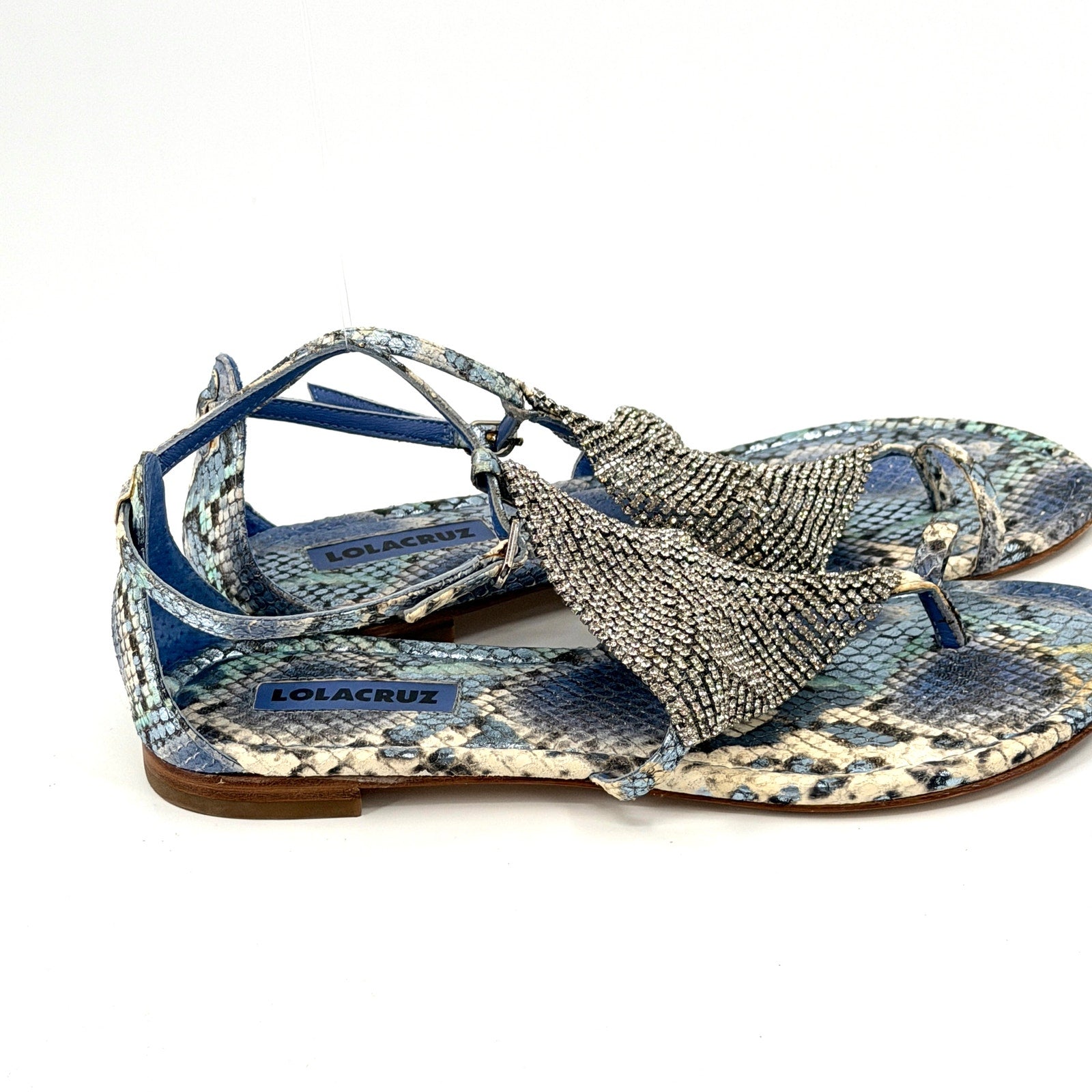Lola Cruz Blue Snakeskin Genuine Leather Crystal Mesh Thong Sandals