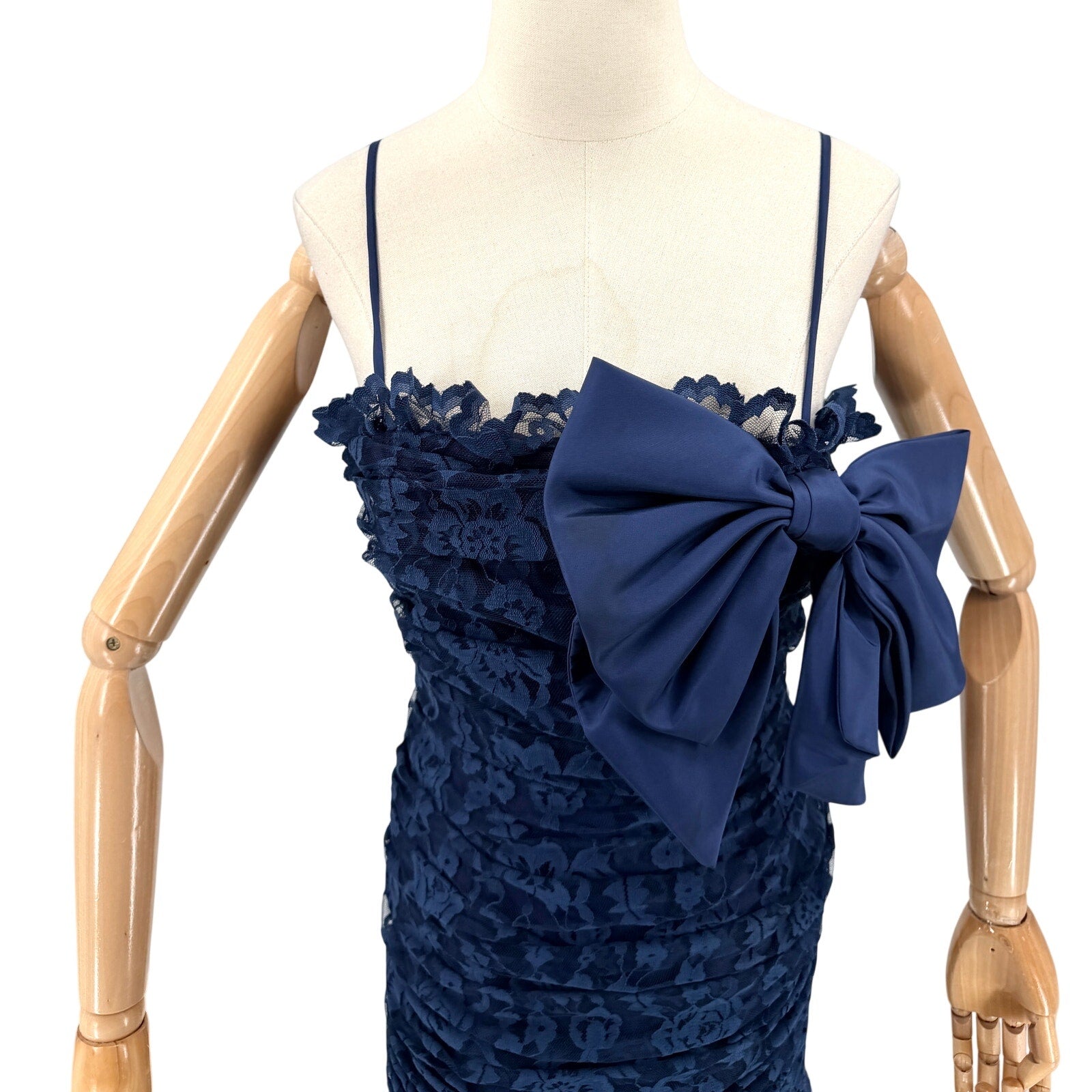 Vintage 80s Lillie Rubin Navy Blue Lace Bow Ruched Bodycon Wiggle Dress