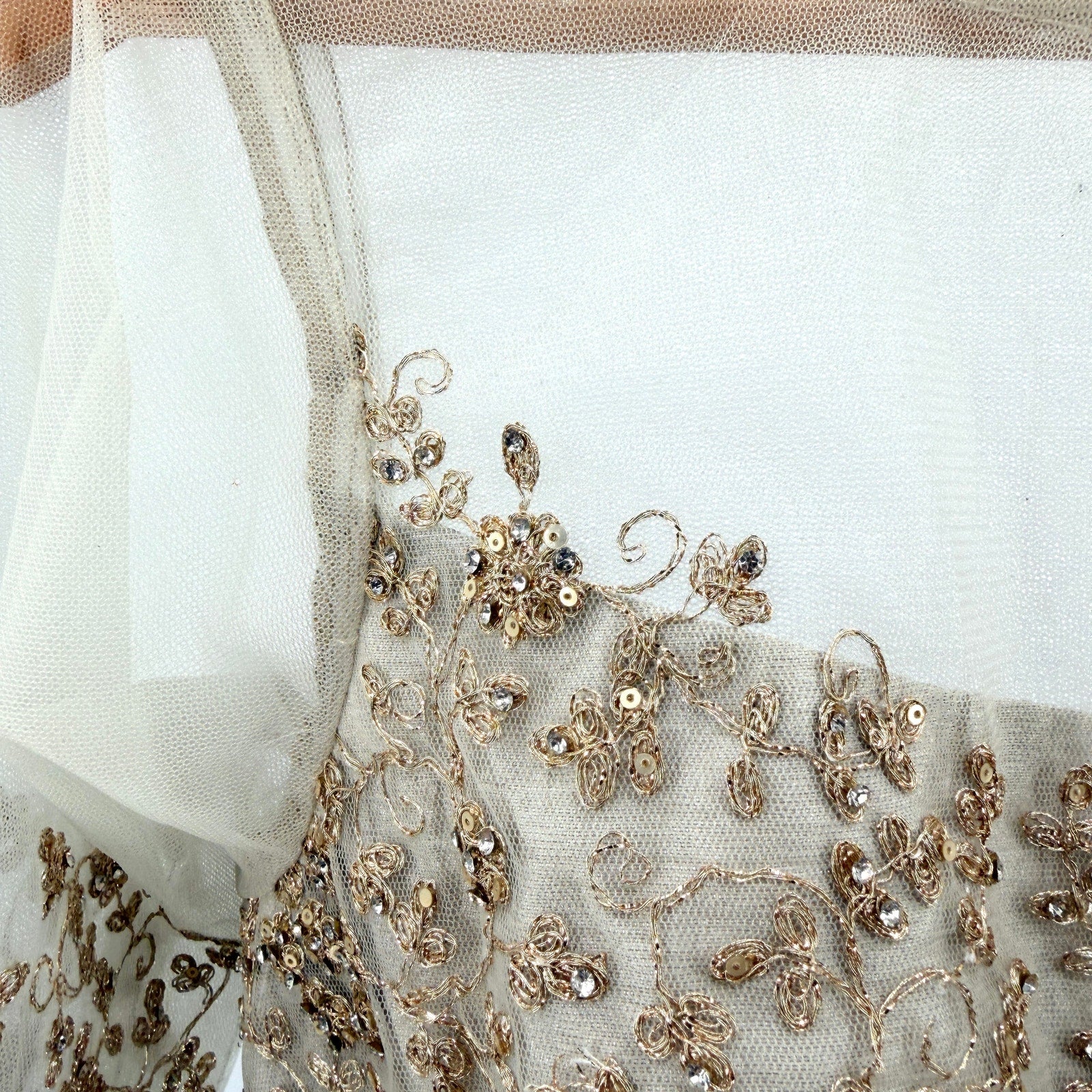 Custom Champagne Mesh Rhinestone Beaded Cropped Sari Blouse Choli