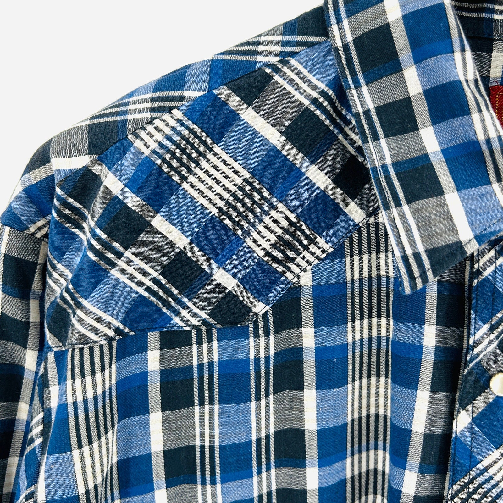 Rustler Blue Black Plaid Cotton Blend Western Pearl Snap Shirt