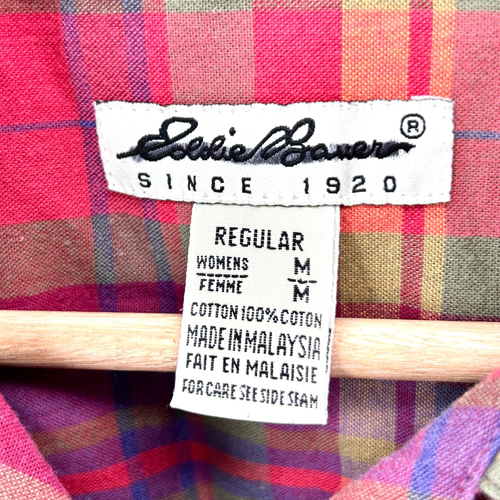Vintage 90s Eddie Bauer Red Purple Plaid 100% Cotton Camp Shirt