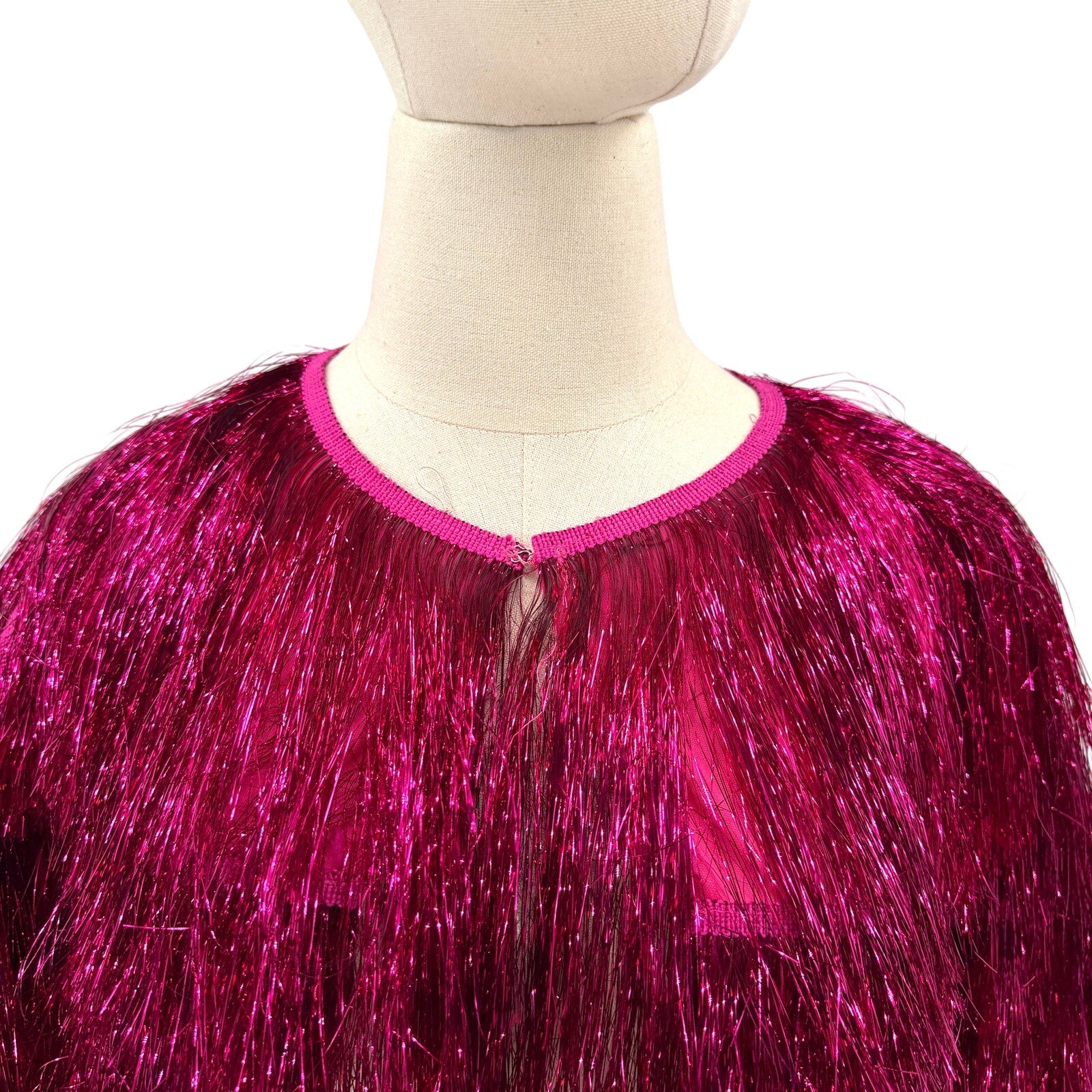 KBW Hot Pink Metallic Glam Shimmer Tiered Fringe Party Jacket