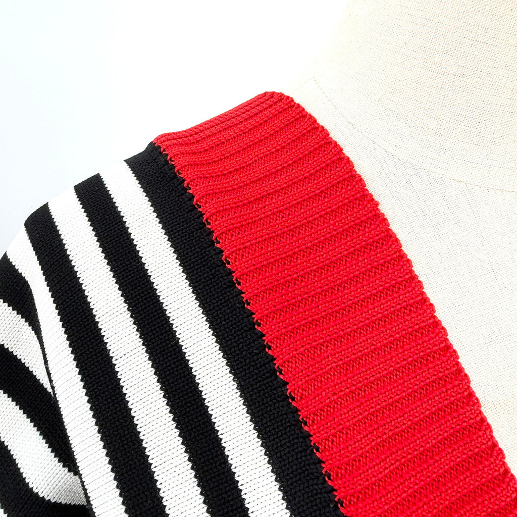 Vintage 70s Booth Bay Black White Red Stripe Nautical Knit V-Neck Sweater Top