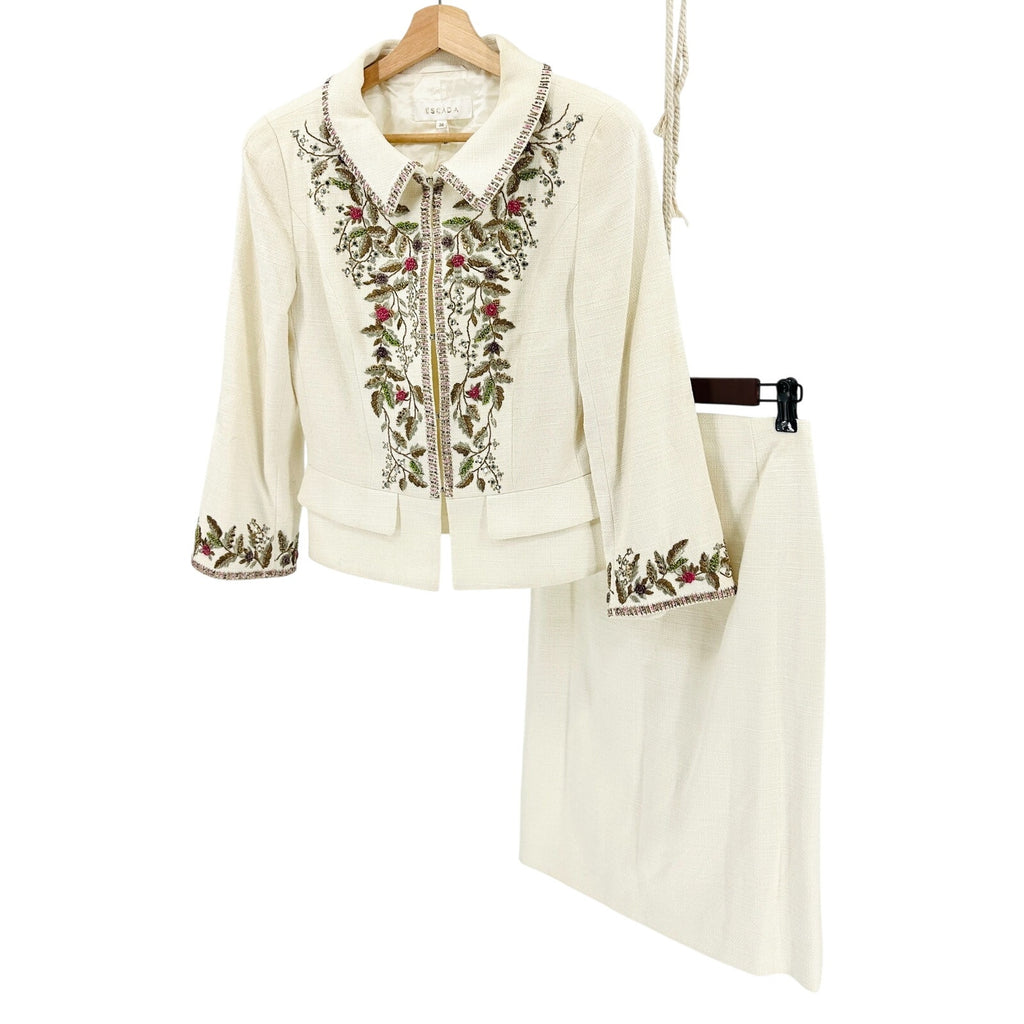 Vintage 90s Escada Ivory Cream Beaded Embroidered Linen Cotton Skirt Suit