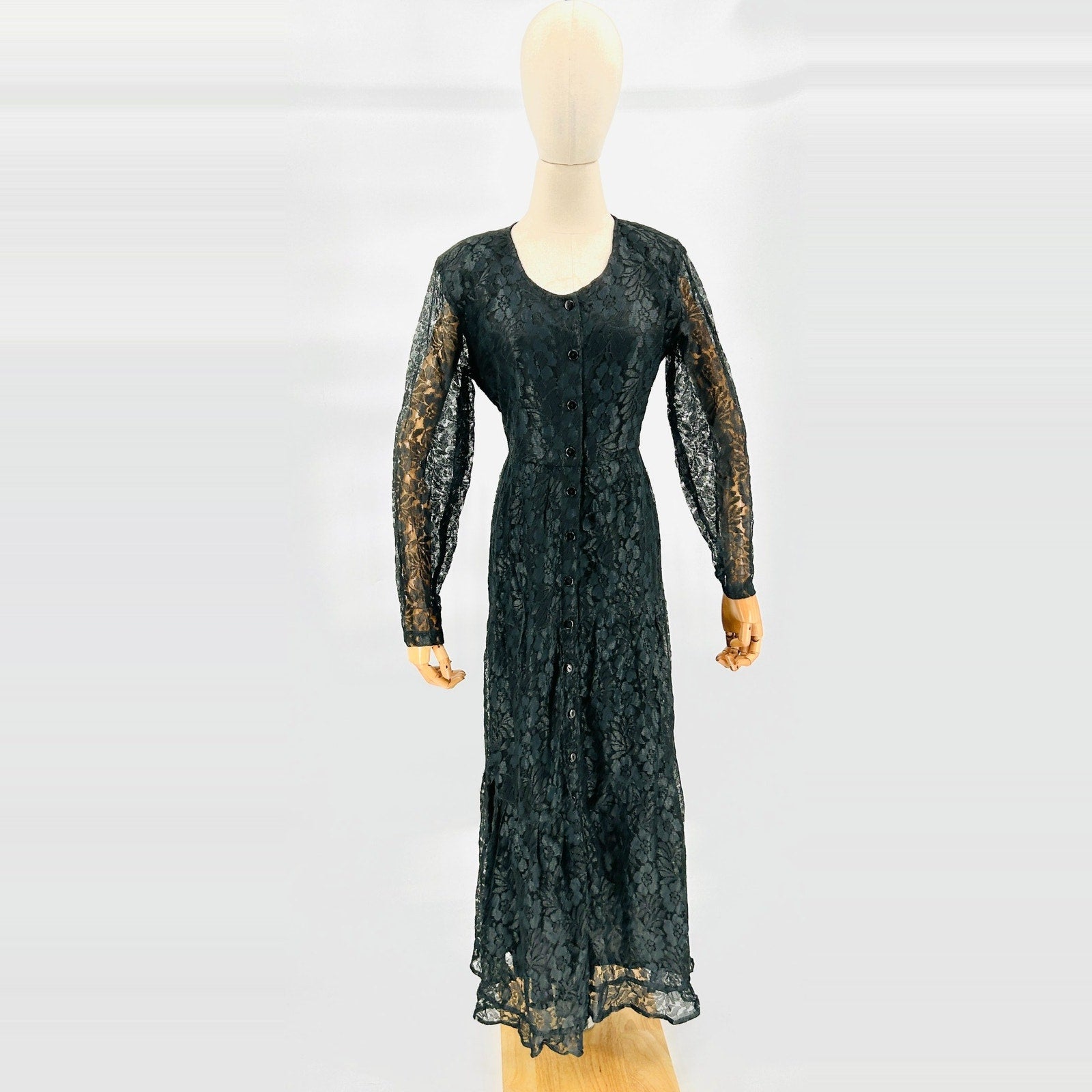Vintage 90s M.P.H. Black Lace Romantic Button Front Long Sleeve Maxi Dress