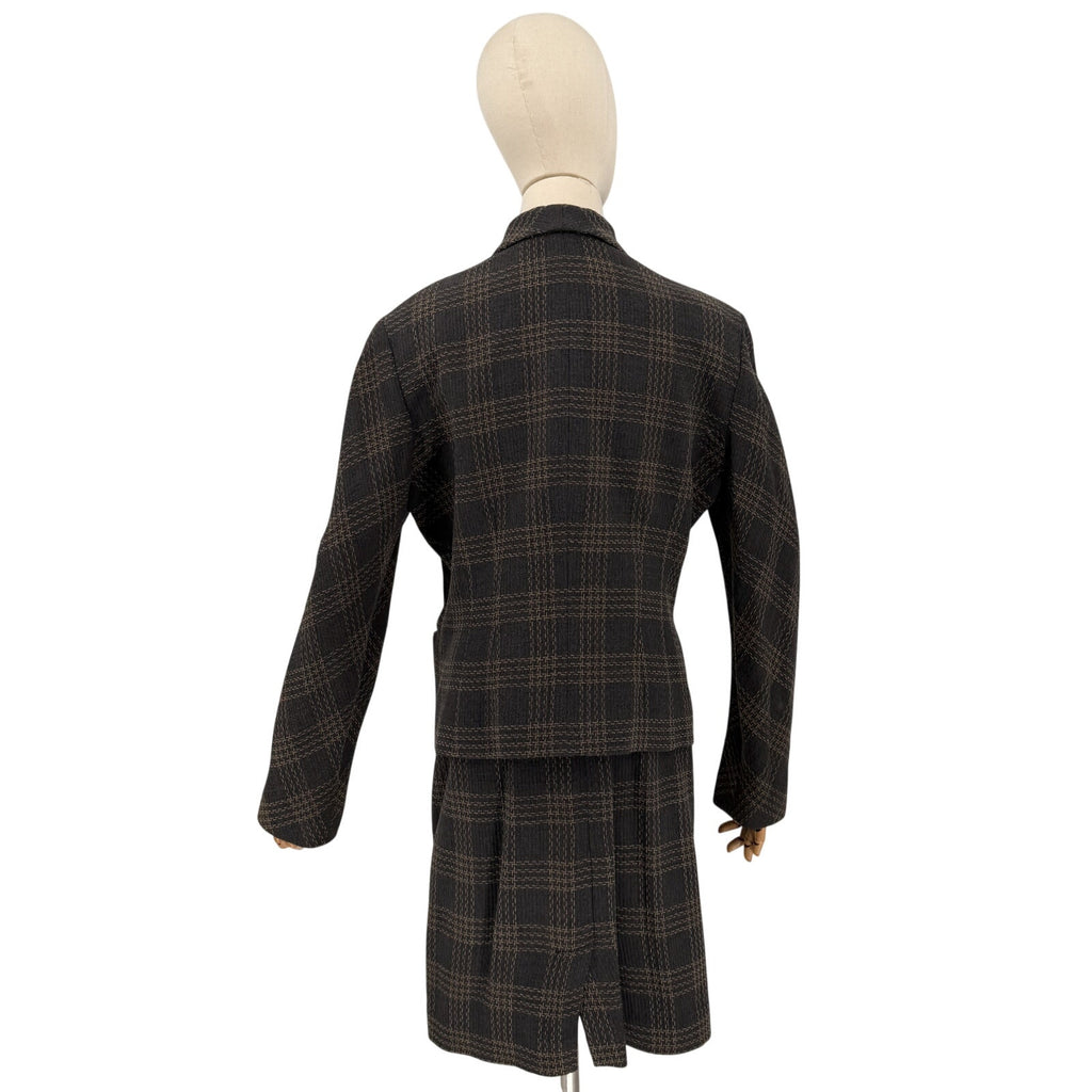 Vintage 90s Emanuel Ungaro Gray Wool Plaid Double Breasted Blazer Skirt Suit