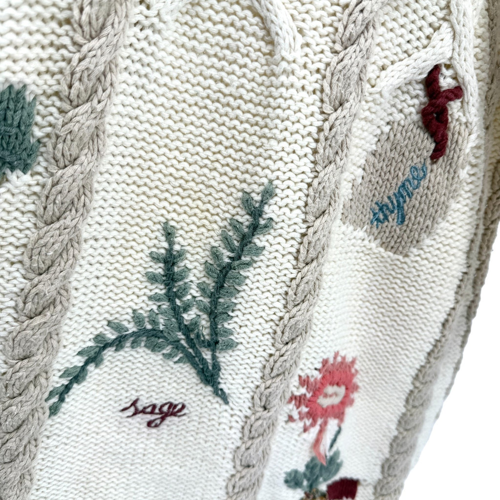 Vintage 90s Alice Collins Cream Cotton Botanical Embroidered Cable Knit Sweater
