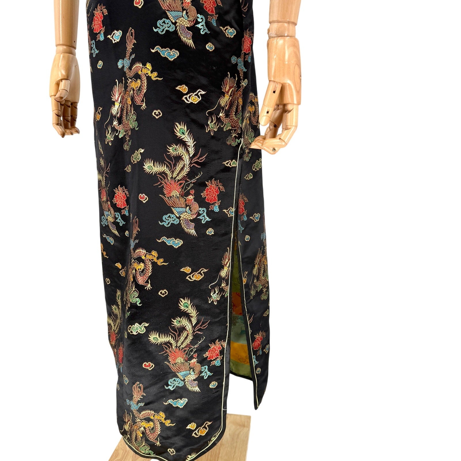 Vintage Y2K Lian Lin Black Metallic Dragon Phoenix Cheongsam Qipao Maxi Dress