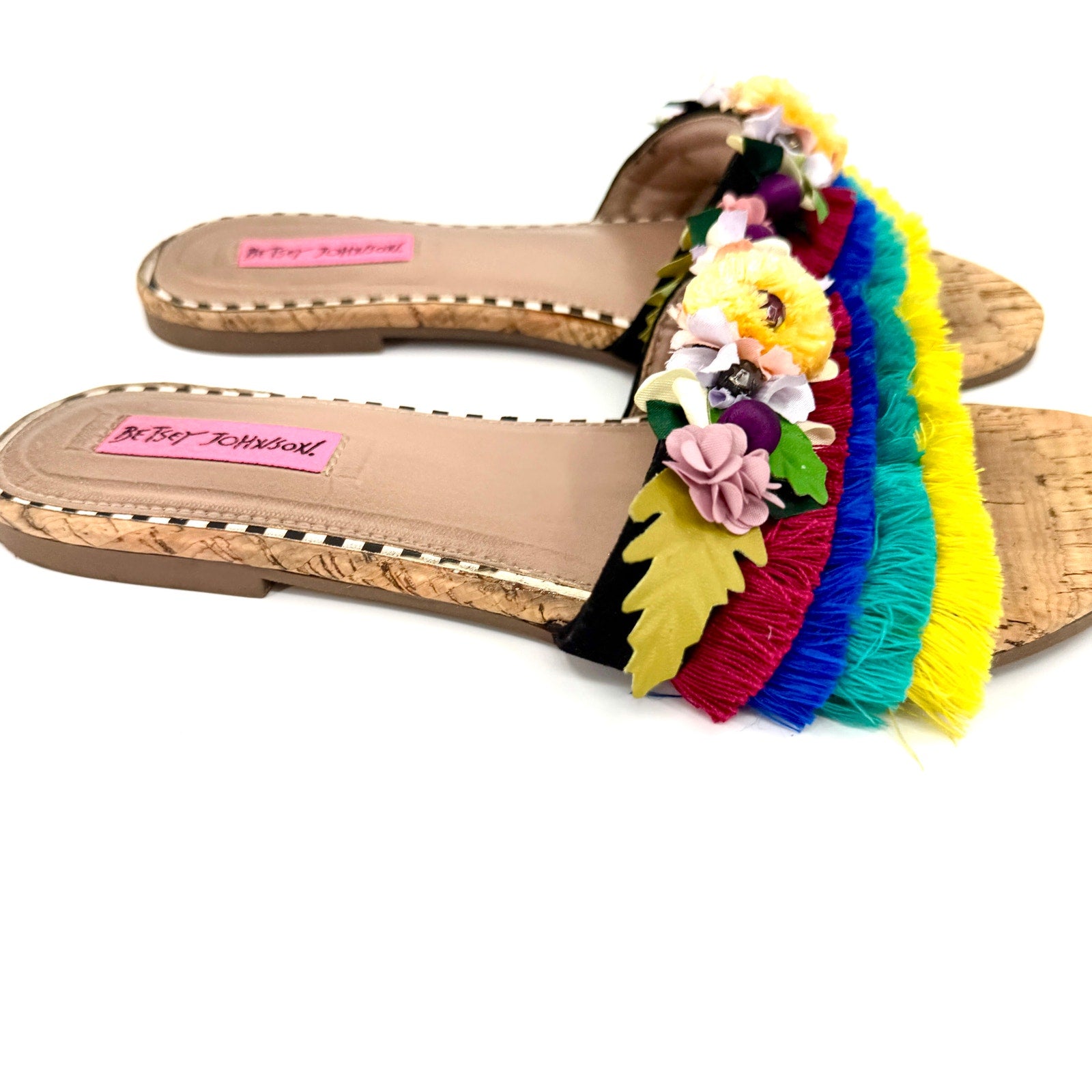 Betsey Johnson Multicolor Tropical Floral Fringe Slide Sandals