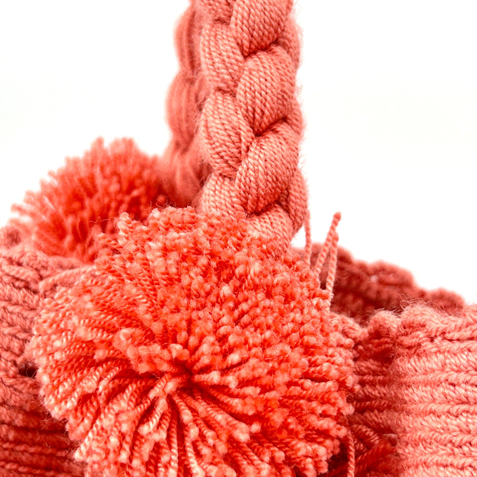 Handwoven Coral Pink Colombian Mochila Pom Pom Tassel Bucket Bag