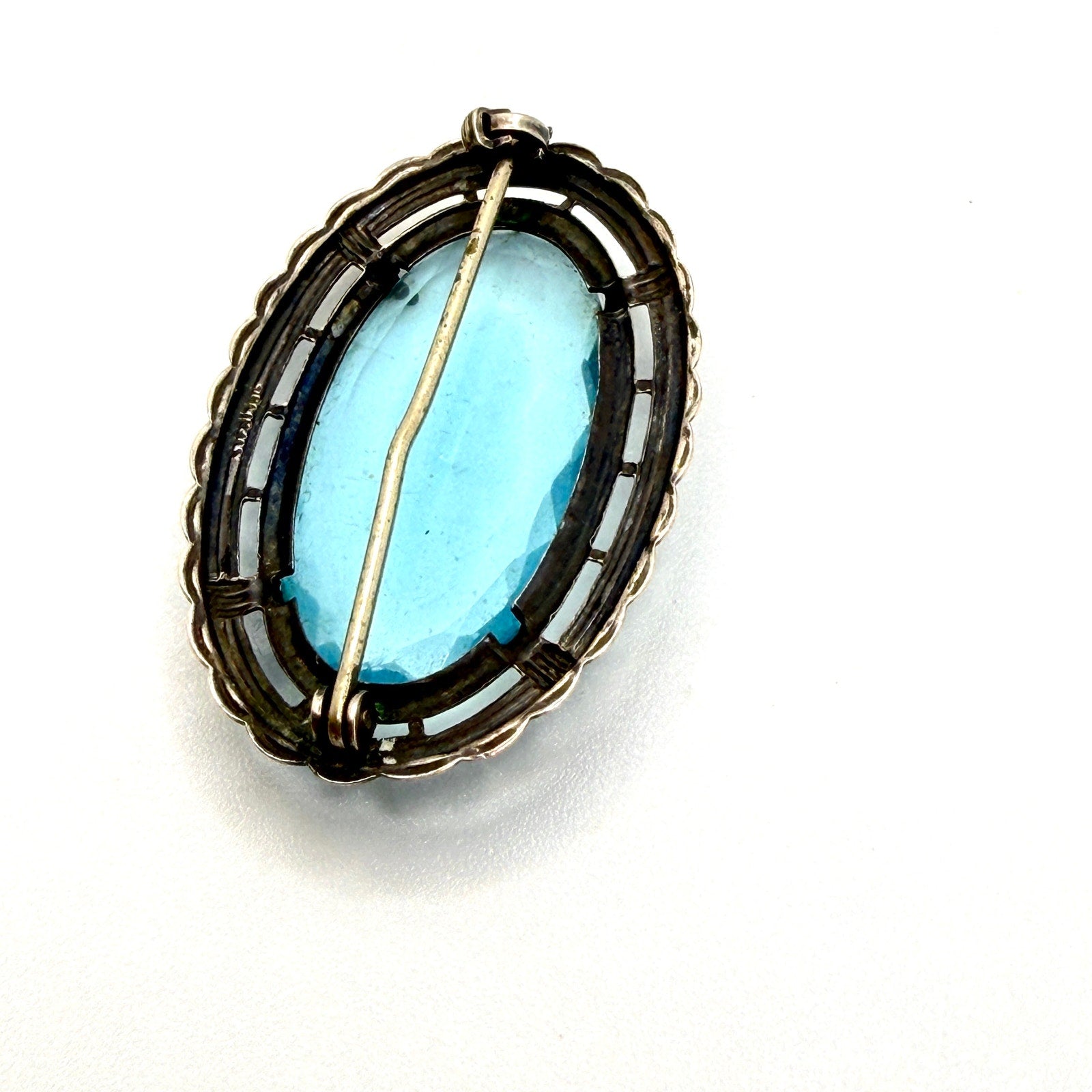 Vintage 50s Light Blue Sterling Silver Stamped Faceted Gemstone Brooch Pendant
