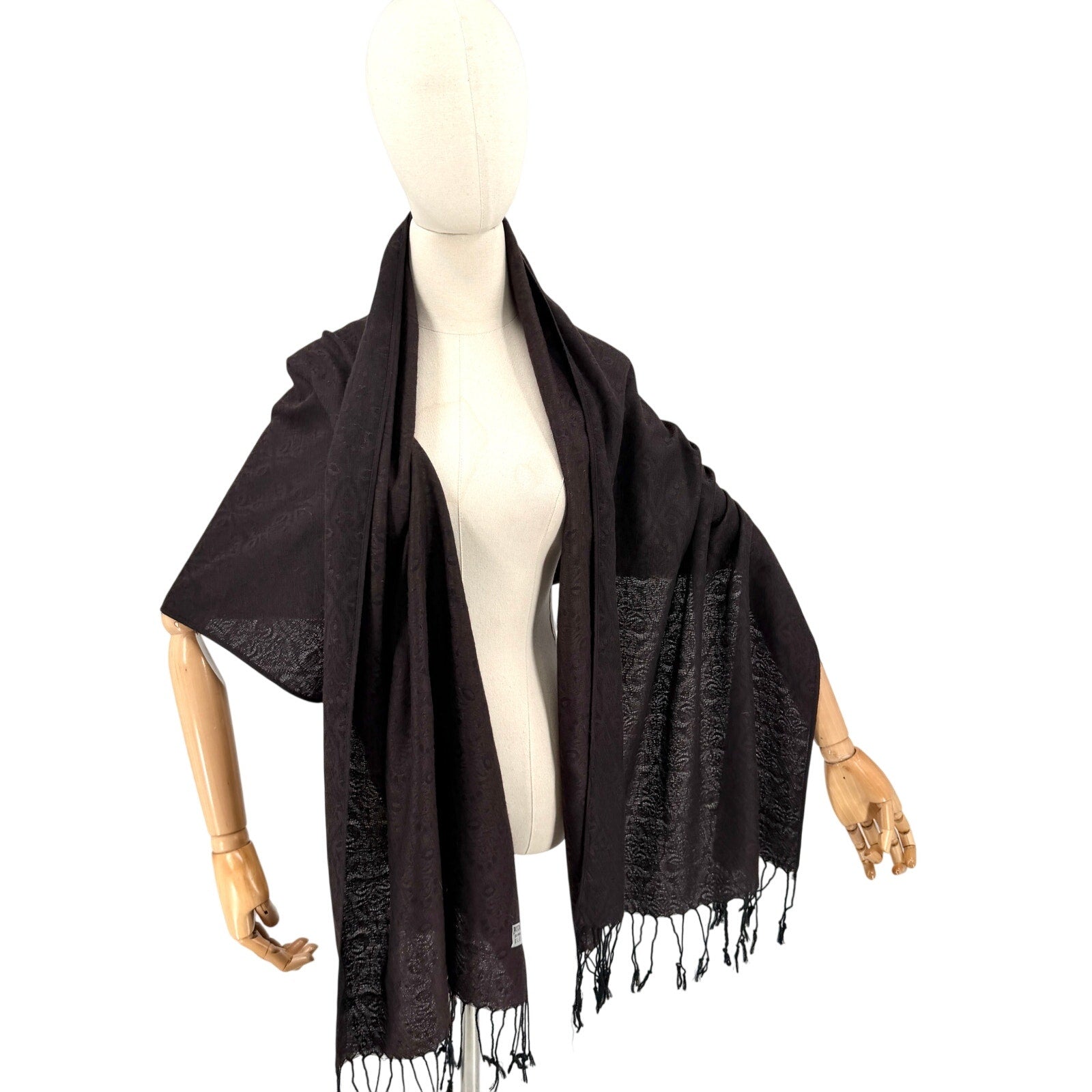 Vintage Y2K Brown Black Pashmina Silk Patterned Fringe Scarf