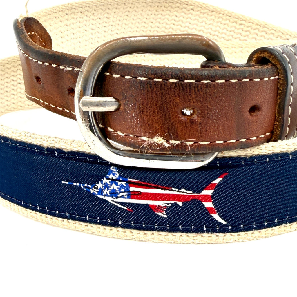 Vintage 90s Tan Navy Blue Genuine Leather Patriotic Marlin Web Belt