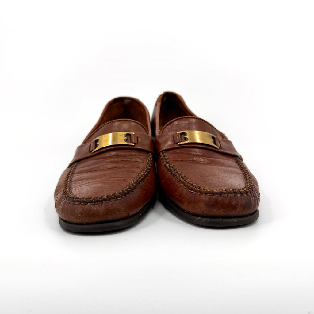 Vintage 80s Bally Italian Brown Leather Ruvera Gold Bit Loafers