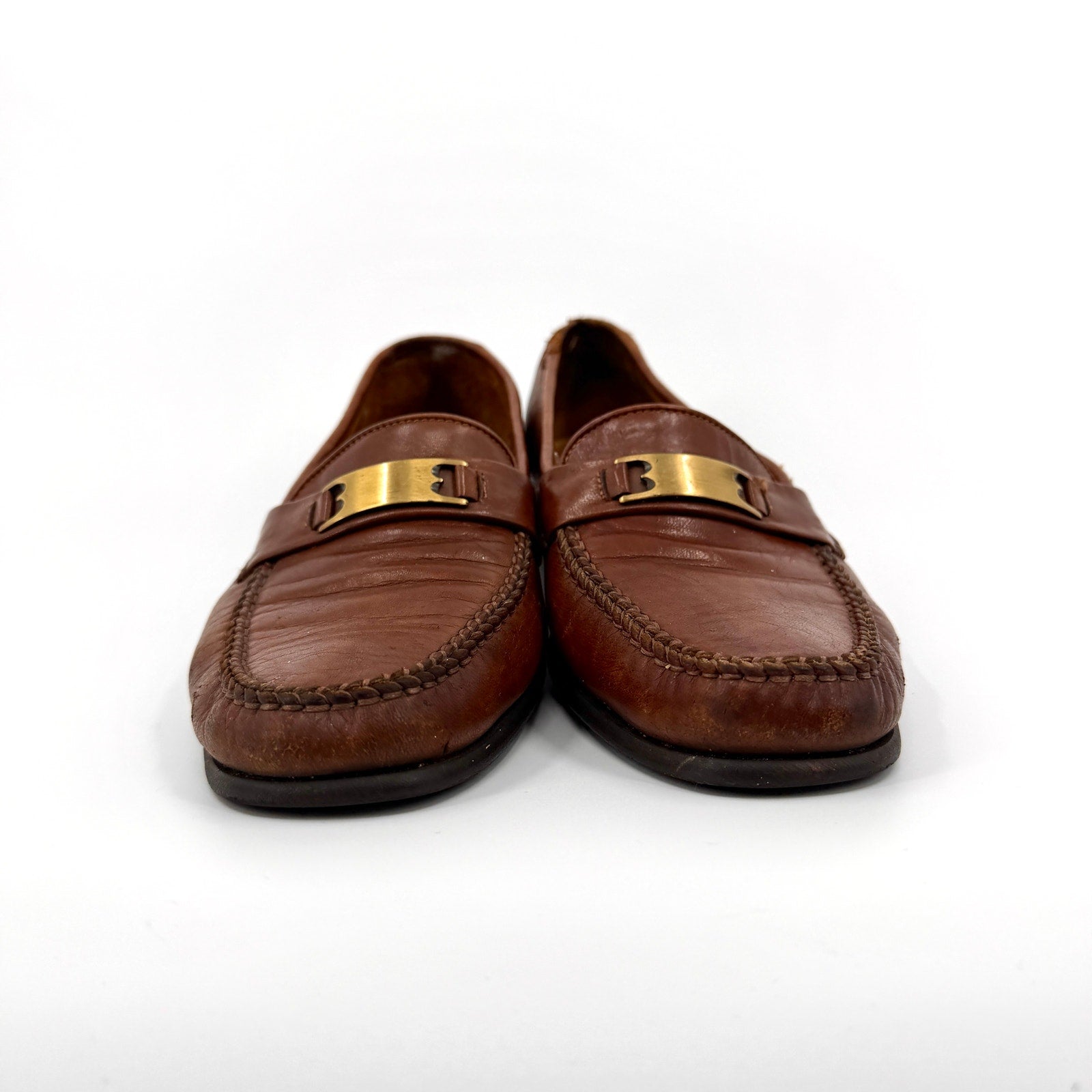 Vintage 80s Bally Italian Brown Leather Ruvera Gold Bit Loafers
