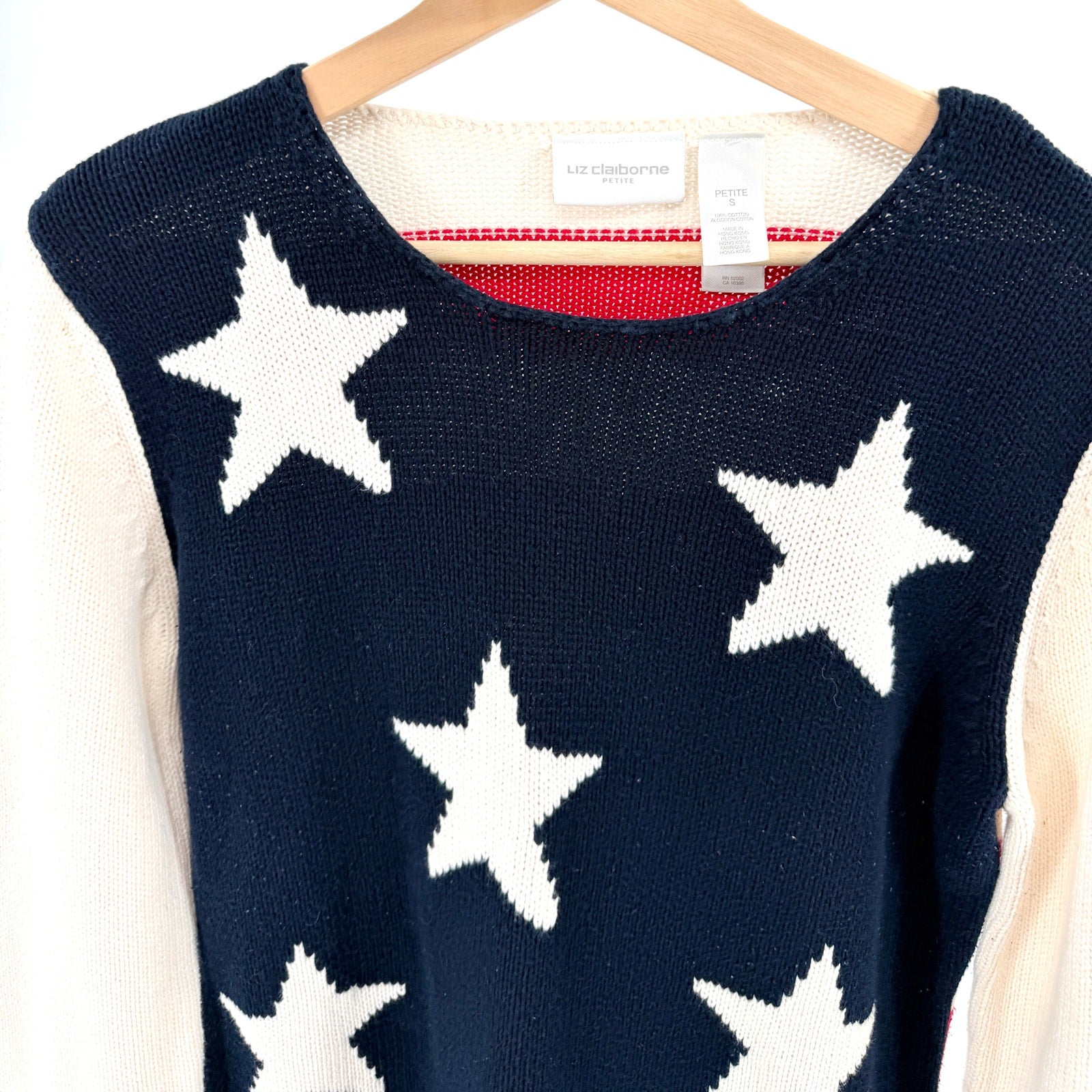 Vintage Y2K Liz Claiborne Petite Navy Cream 100% Cotton American Flag Sweater