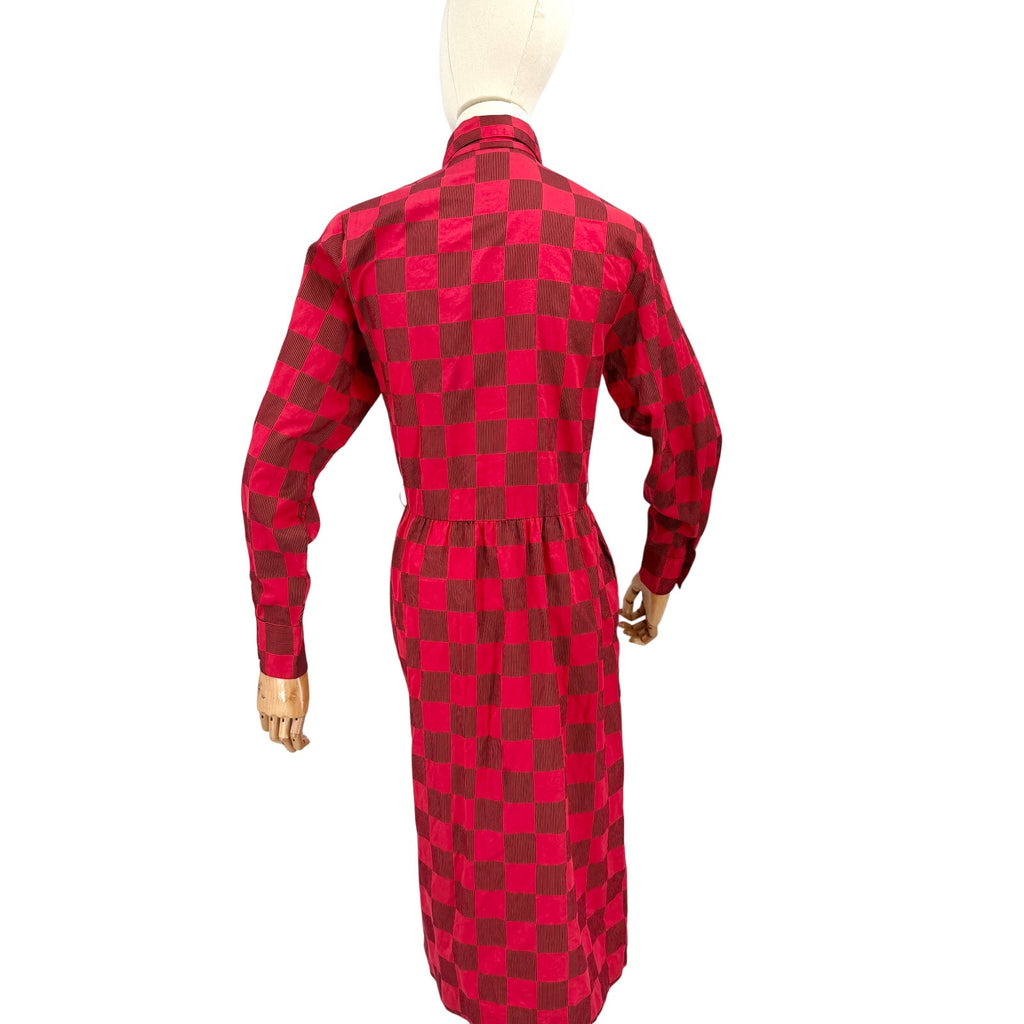 Vintage 80s Albert Nipon Red 100% Cotton Checkerboard Shirt Dress