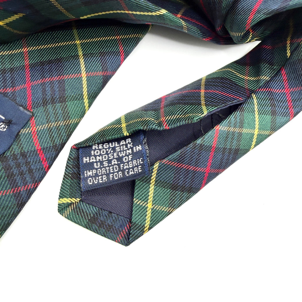 Vintage 90s Land's End 100% Silk Green Navy Tartan Plaid Necktie