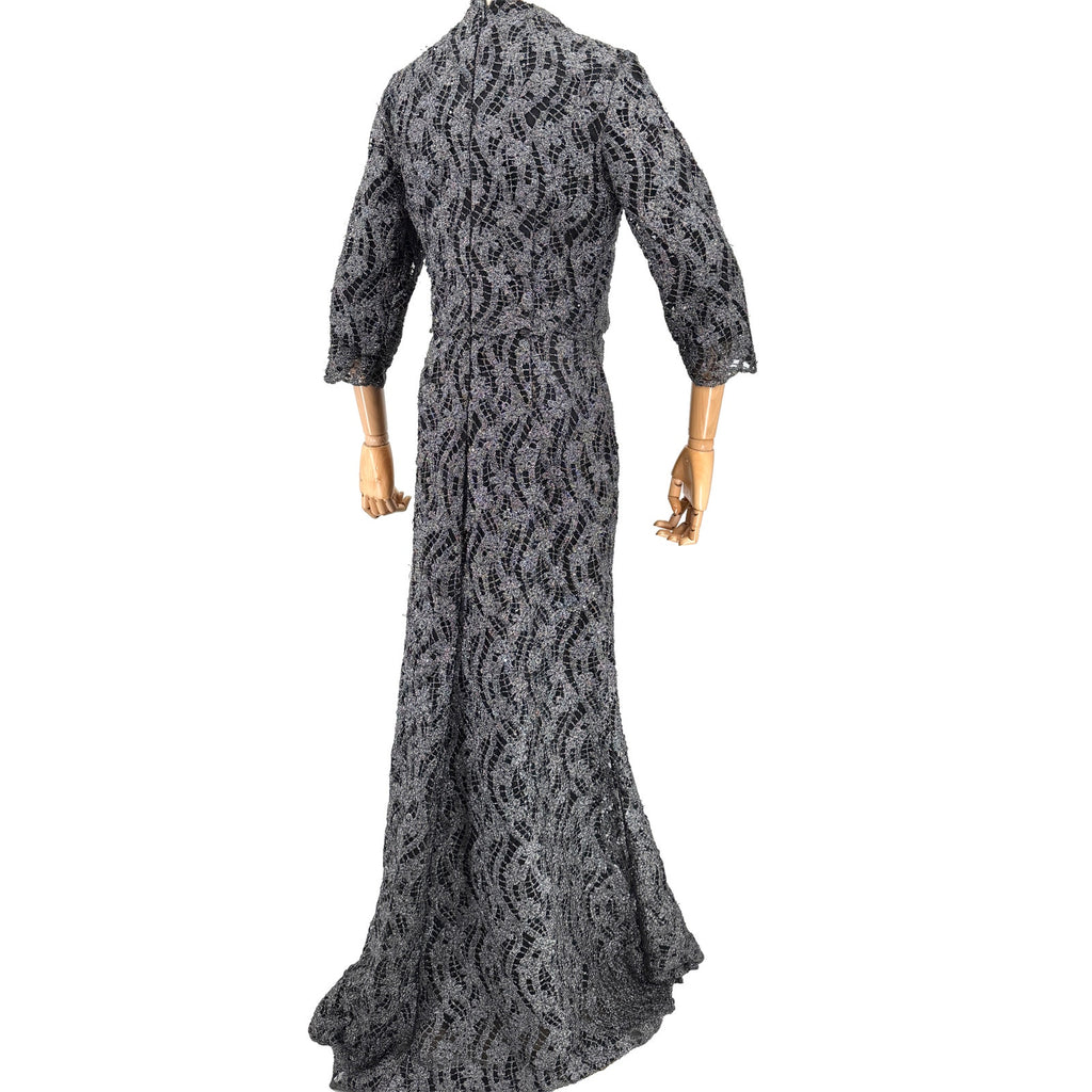 Vintage Y2K Gunmetal Black Metallic Lace Sequin Formal Evening Gown
