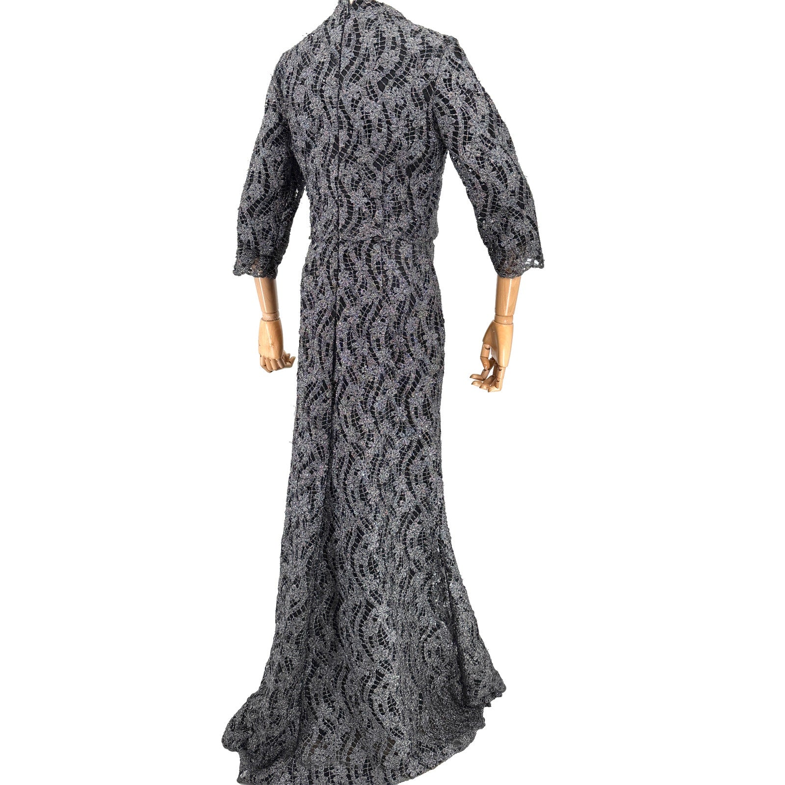 Vintage Y2K Gunmetal Black Metallic Lace Sequin Formal Evening Gown