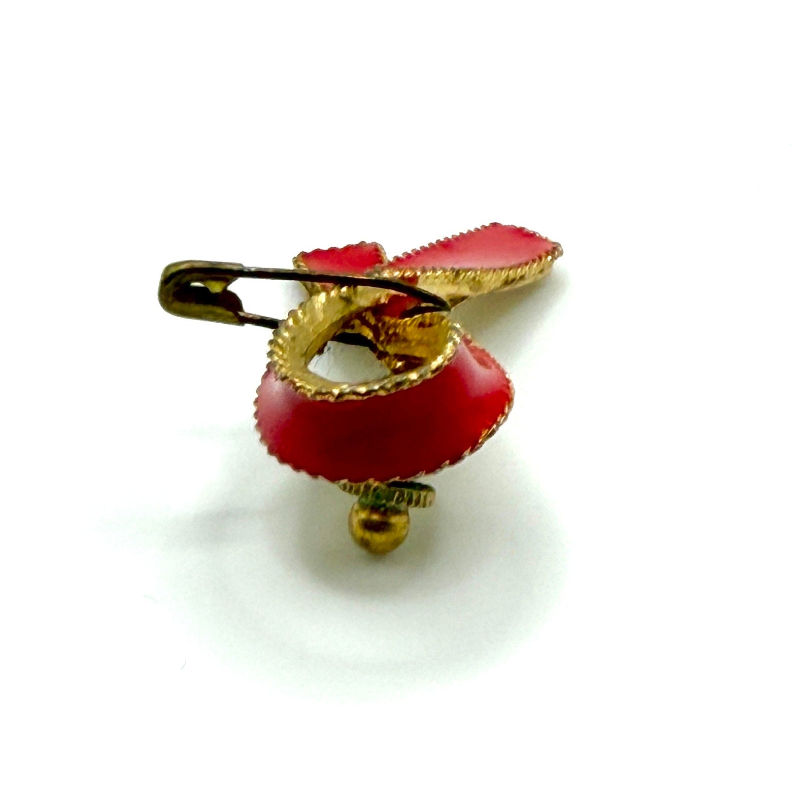 Vintage 80s Red Gold Enamel AIDS Awareness Ribbon Lapel Pin