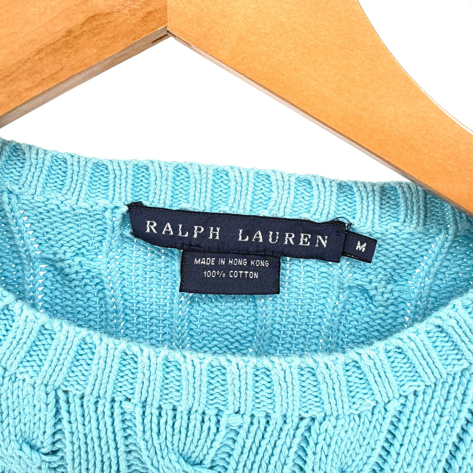 Vintage Y2K Ralph Lauren Light Blue 100% Cotton Cable Knit Sweater