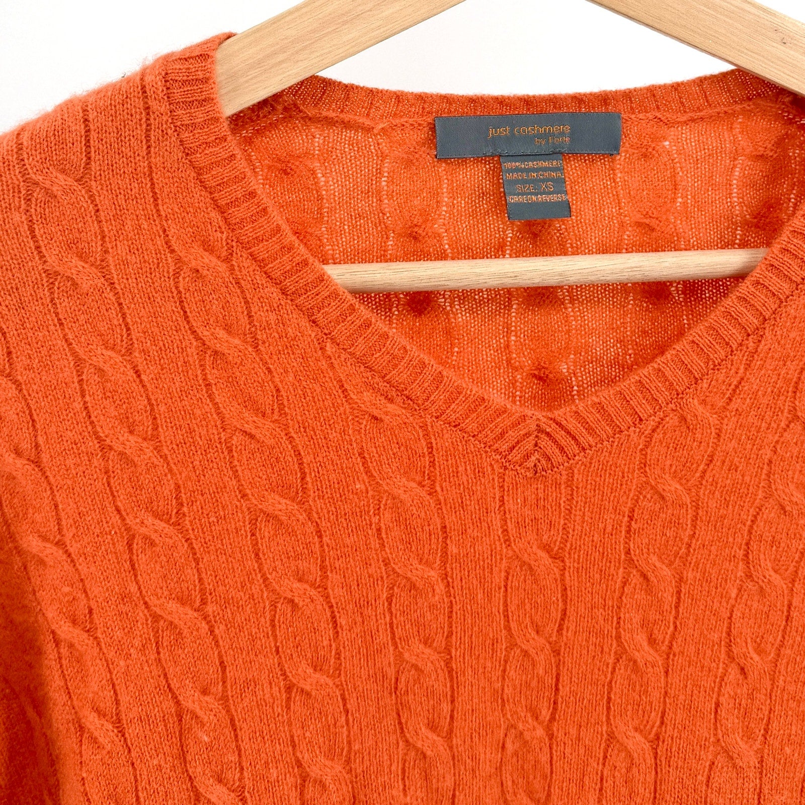 Just Cashmere by Forte Orange Sherbet 100% Cashmere Cable Knit V-Neck Sweater