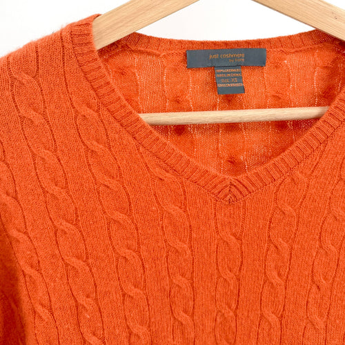 Just Cashmere by Forte Orange Sherbet 100% Cashmere Cable Knit V-Neck Sweater
