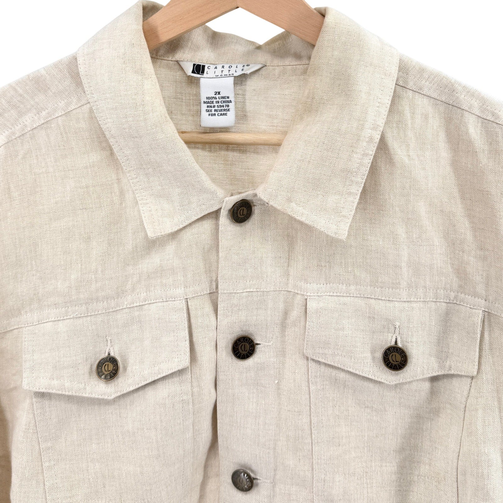 Vintage Y2K Carole Little Beige 100% Linen Trucker Jacket