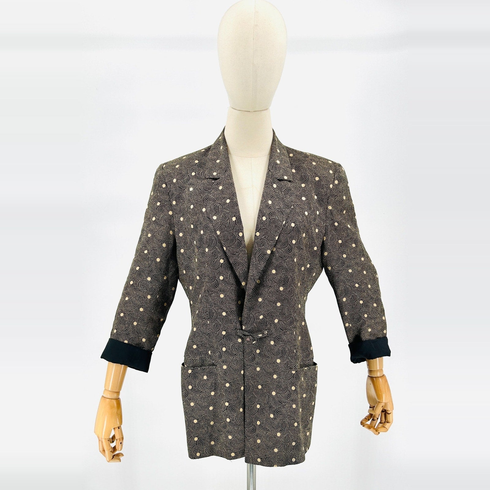 Vintage 80s Anne Klein II Black Gold Polka Dot Oversized Blazer Jacket