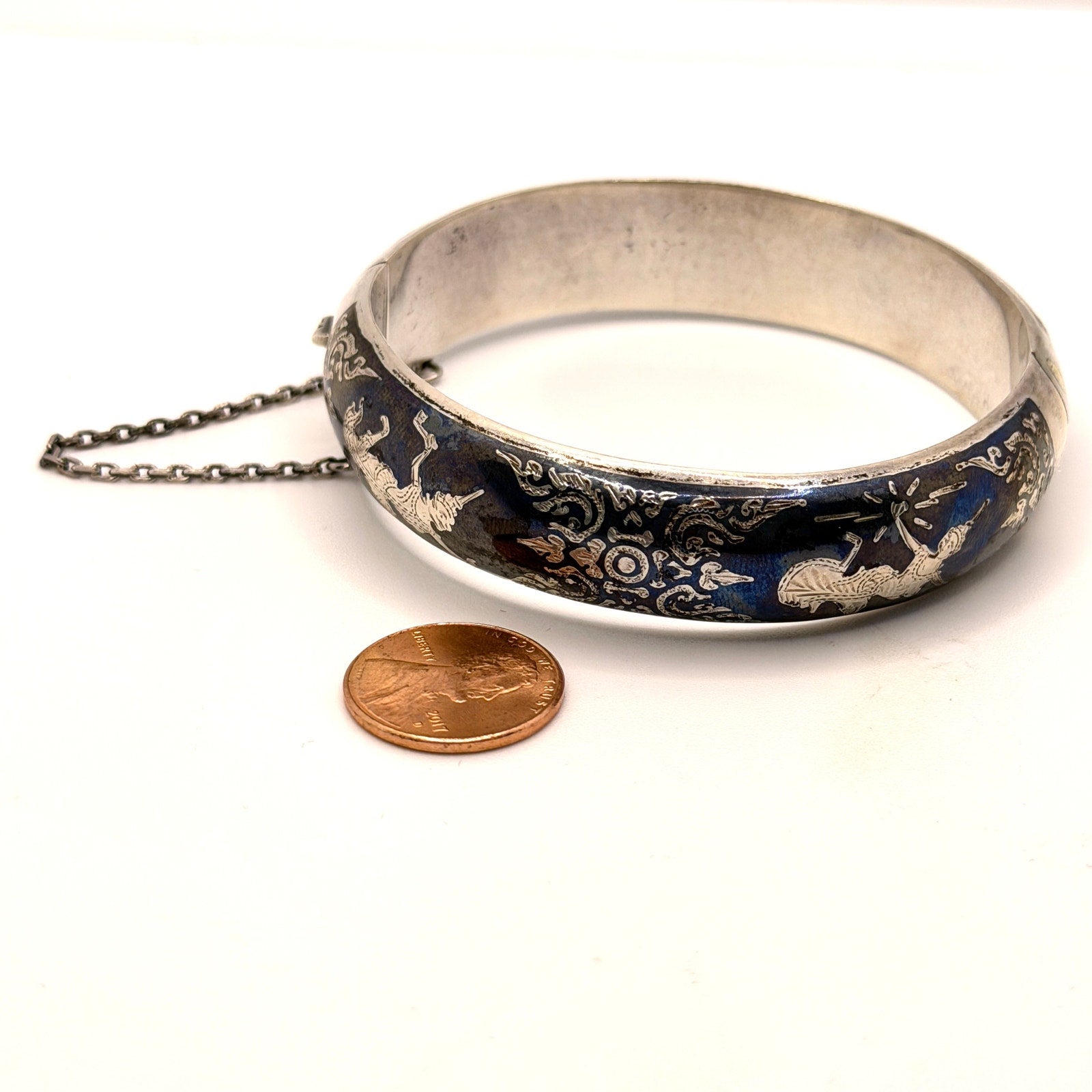 Vintage 50s Stamped Siam Sterling Silver Blue Niello Hinged Bangle