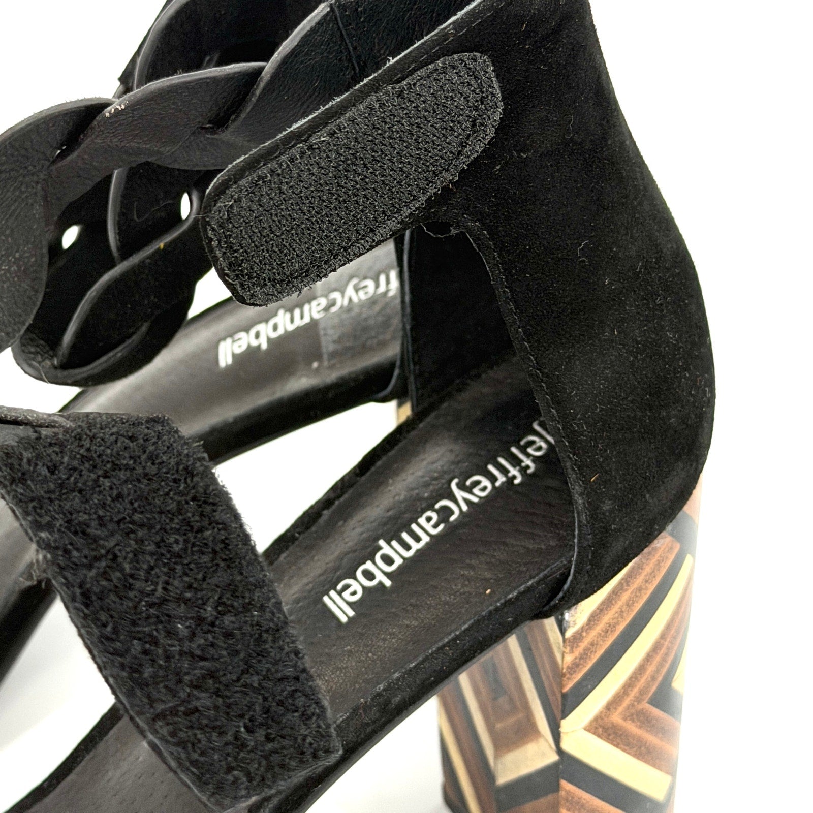 Jeffrey Campbell Black Suede Wood Inlay Geometric Block Heel Lindsay Sandals