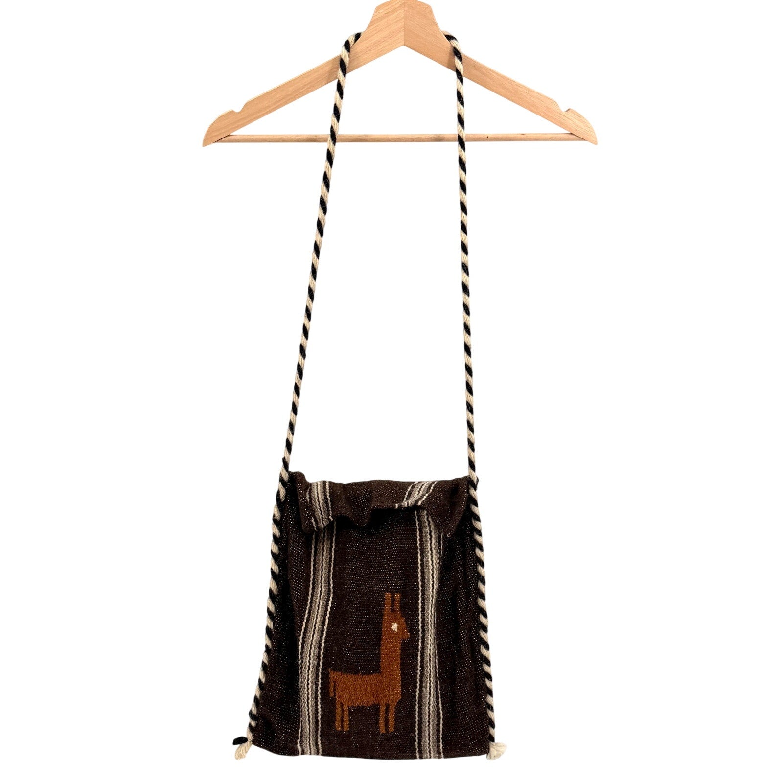 Vintage 90s Peruvian Brown Wool Woven Llama Motif Shoulder Bag