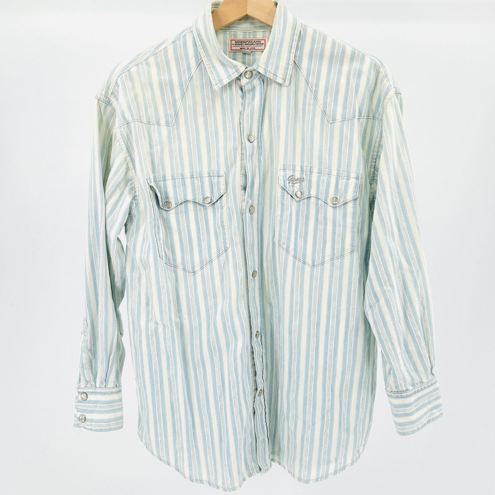 Vintage 80s Guess Jeans Light Blue White Striped Cotton Western Shirt