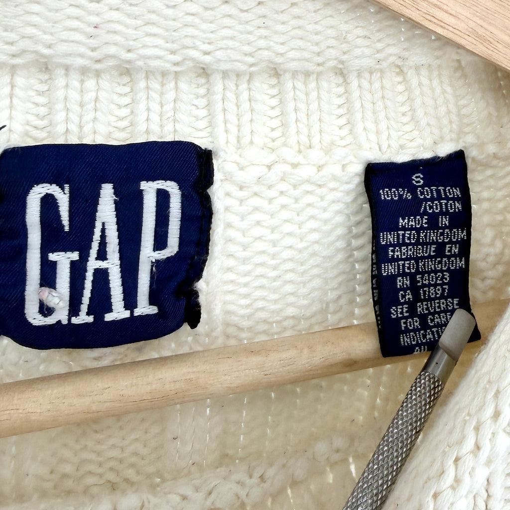 Vintage 90s Gap White Made in UK 100% Cotton Roll Top Cable Knit Sweater