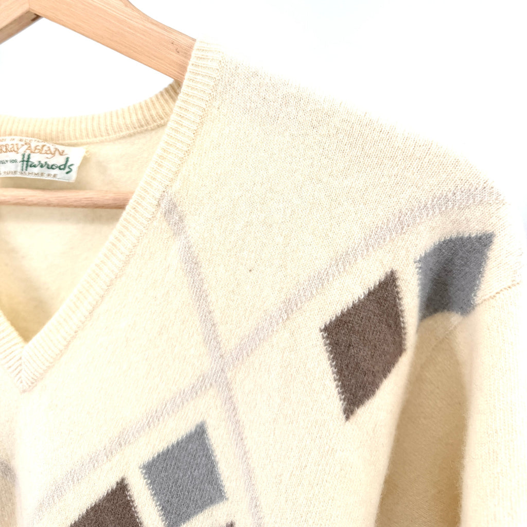 Vintage 70s Murray Allen Harrods Cream 100% Cashmere Argyle V-Neck Sweater