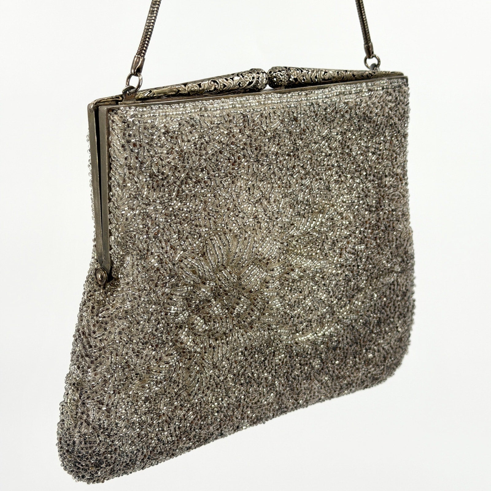 MINT Vintage 60s Silver Heavily Beaded Filigree Clasp Evening Handbag