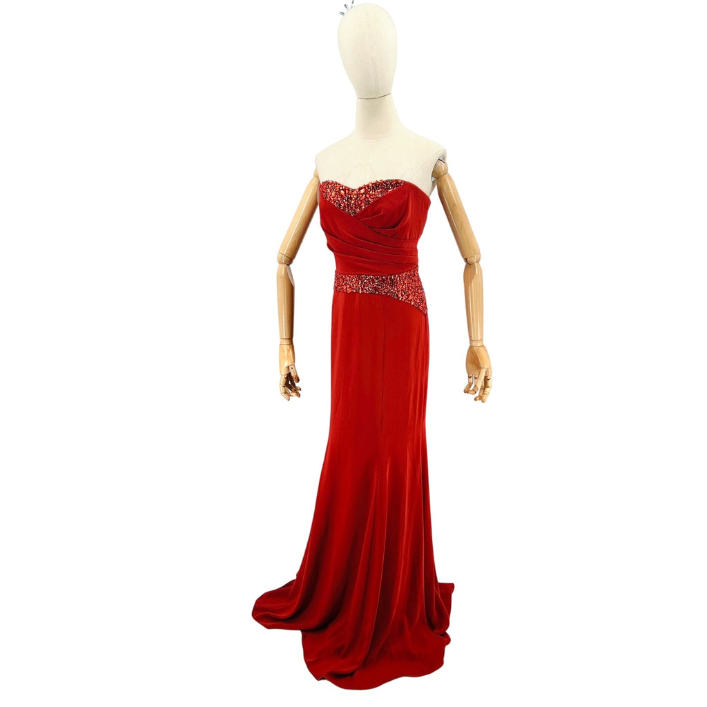 NWT Pamella Roland Red Embellished Ruched Strapless Gown