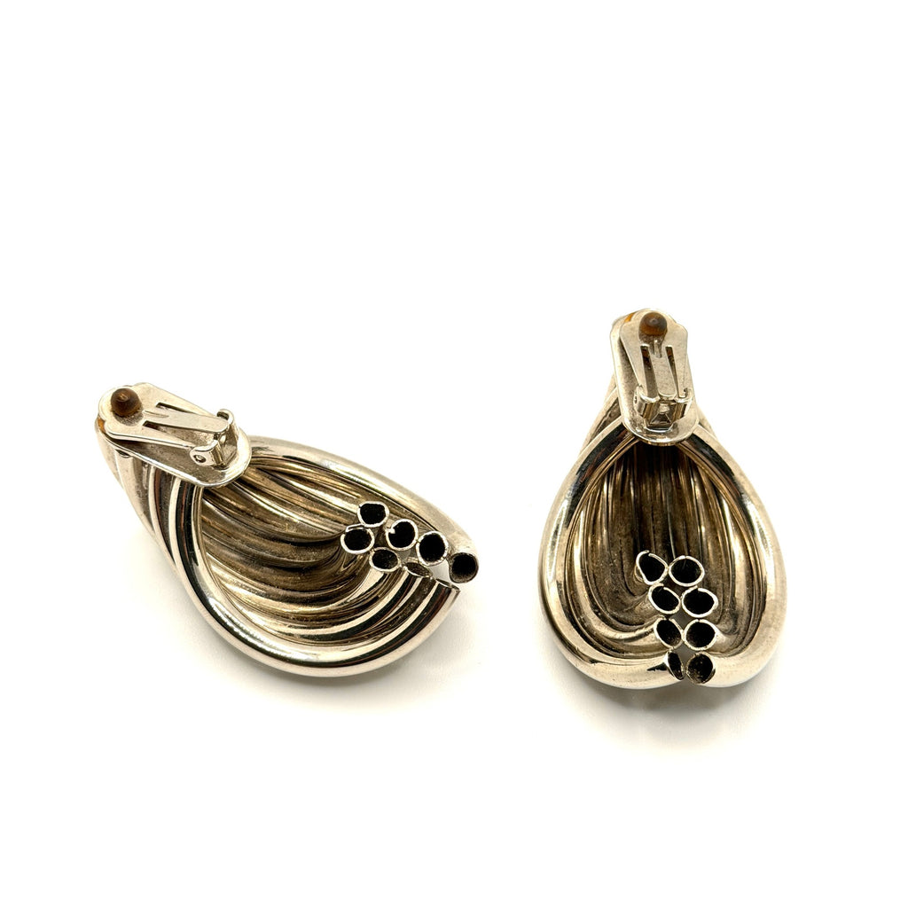 Vintage 80s Bold Sterling Silver Tubular Shrimp Swirl Hoop Clip Earrings