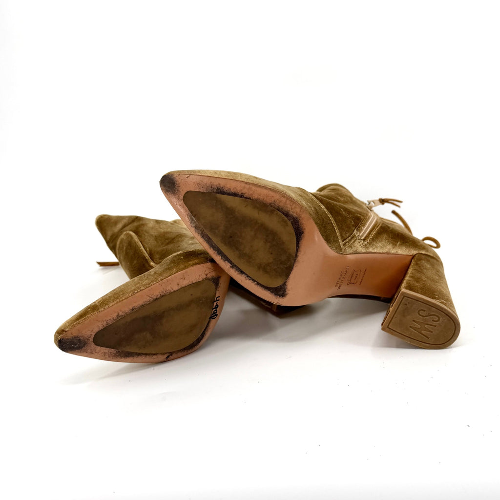 Stuart Weitzman Gold Crushed Velvet Pointed Toe Block Heel Booties