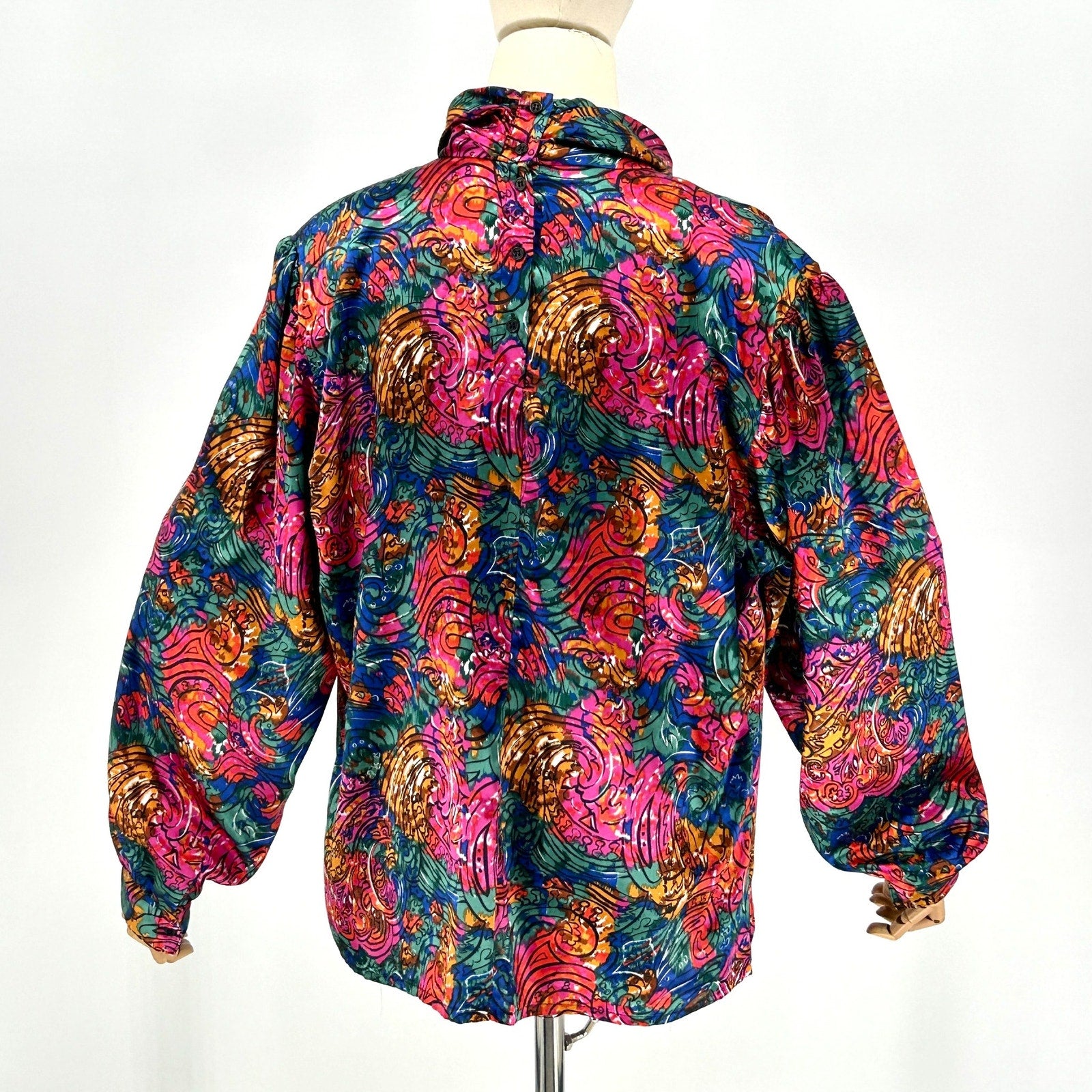 Vintage 80s Marlis Multicolor Abstract Satin High Neck Blouse
