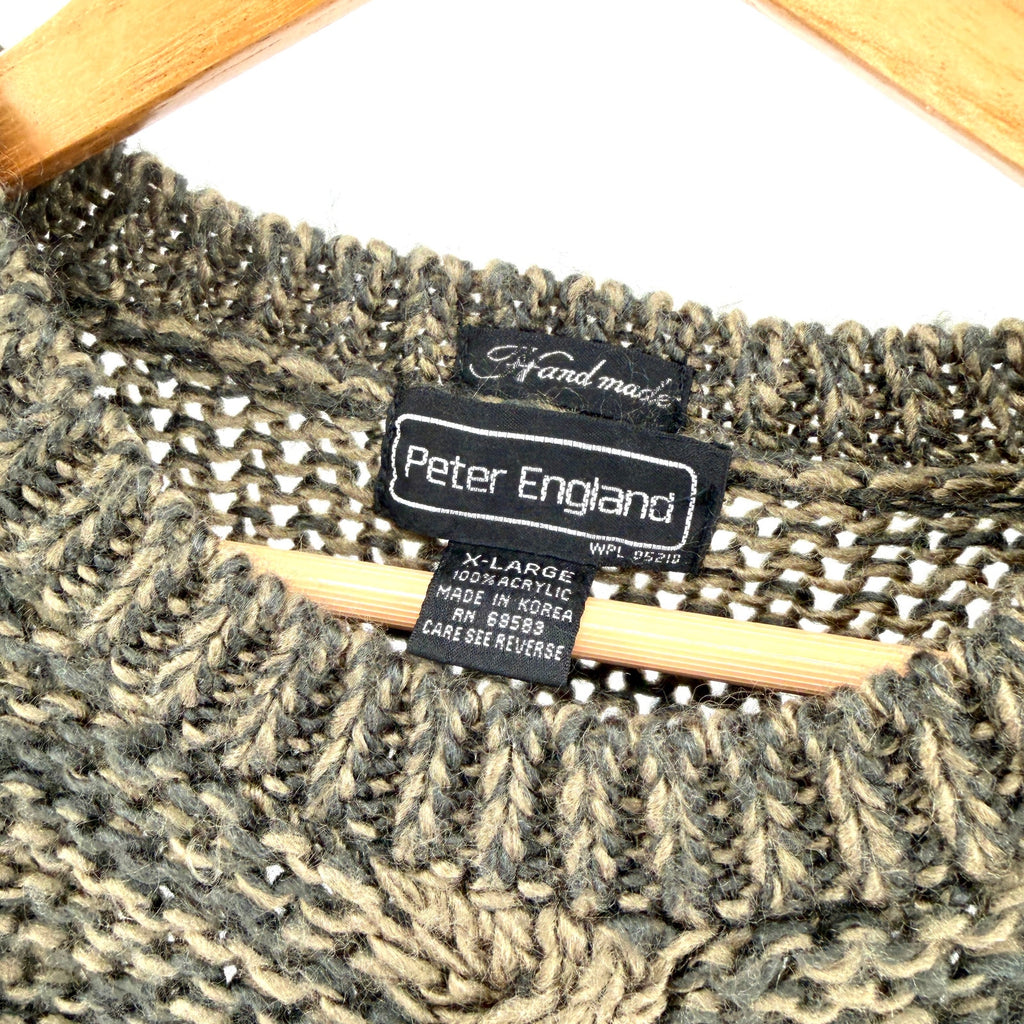 Vintage 90s Peter England Black Brown Textured Cable Knit Handmade Sweater