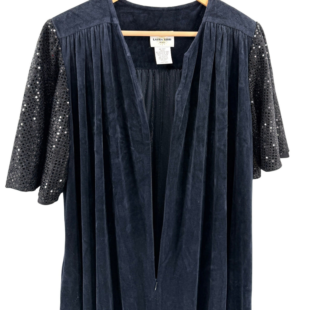 intage 80s Laura Kidd Black Sequin Flutter Sleeve Shoulder Pads Duster Robe