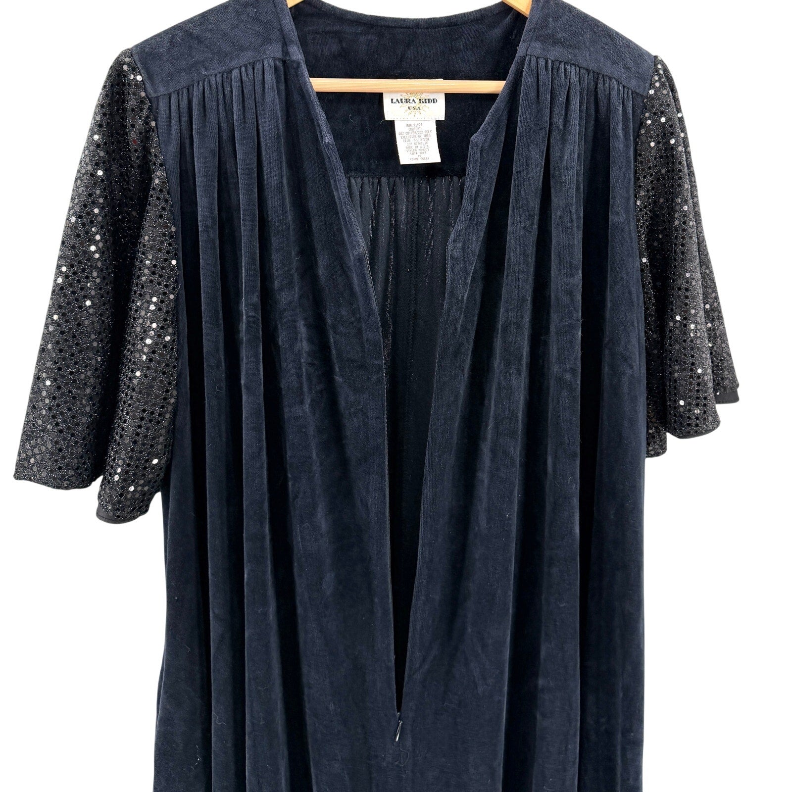 intage 80s Laura Kidd Black Sequin Flutter Sleeve Shoulder Pads Duster Robe