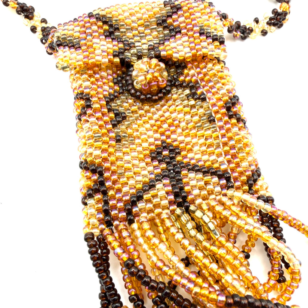 Vintage 90s Boho Bronze Gold Hand Beaded Glass Seed Bead Amulet Pouch Necklace