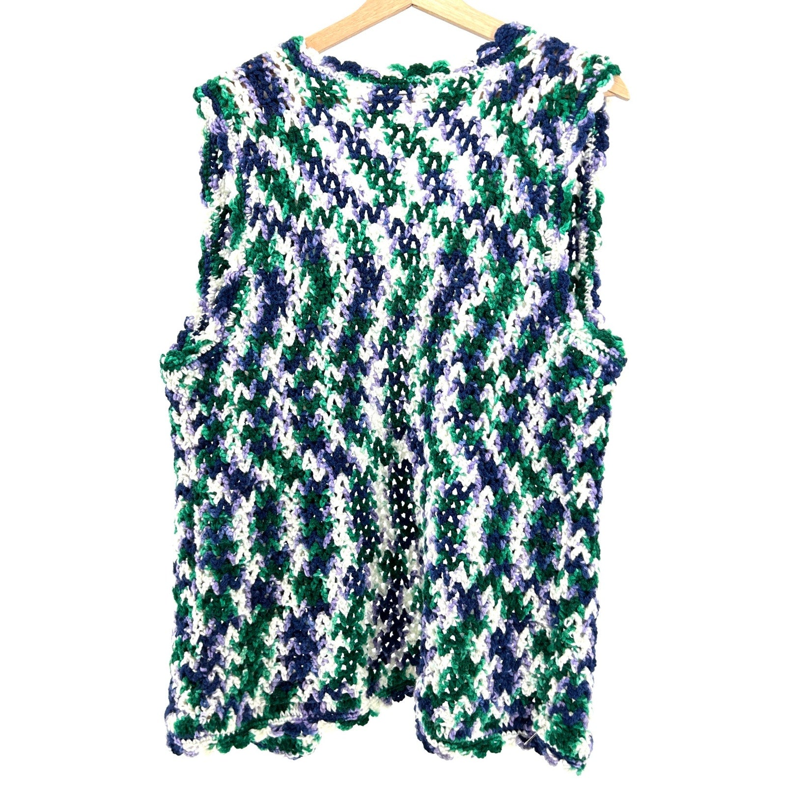 Vintage 70s Green Blue White Acrylic Crochet Vest