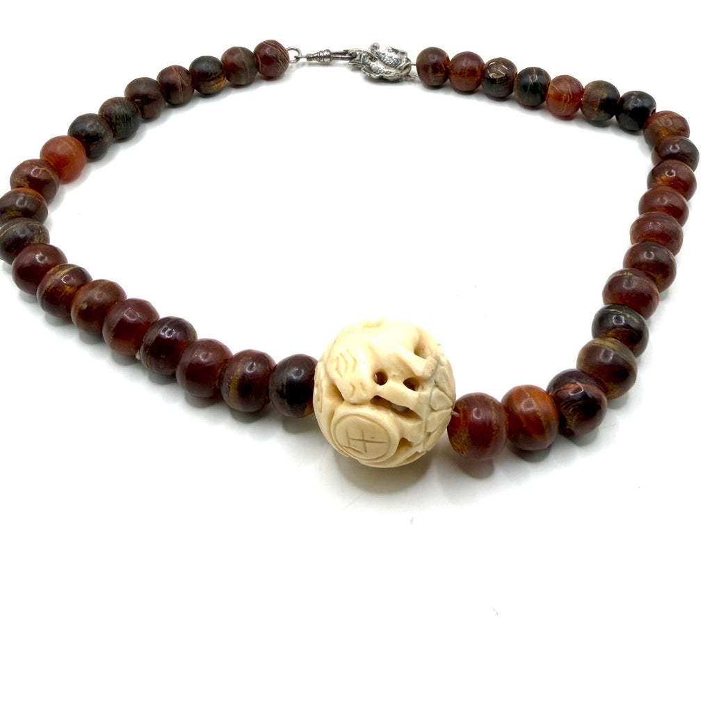 Vintage 90s Red Brown Resin Carved Bone Ram Character Statement Necklace