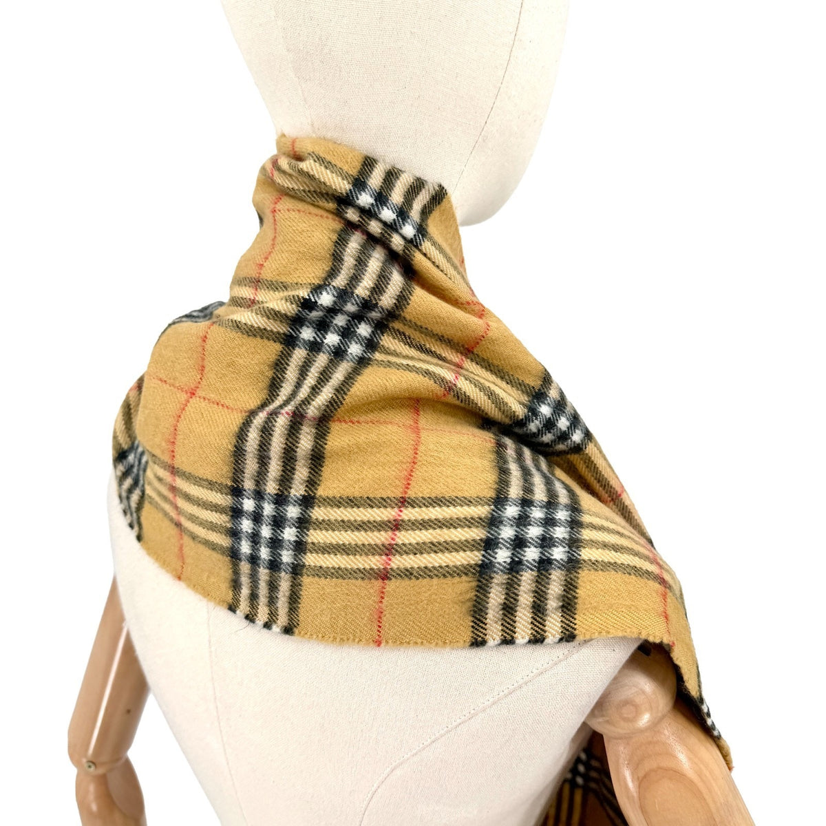 Vintage Y2K Beige Tartan Check 100% Cashmere Fringe Trim Scarf