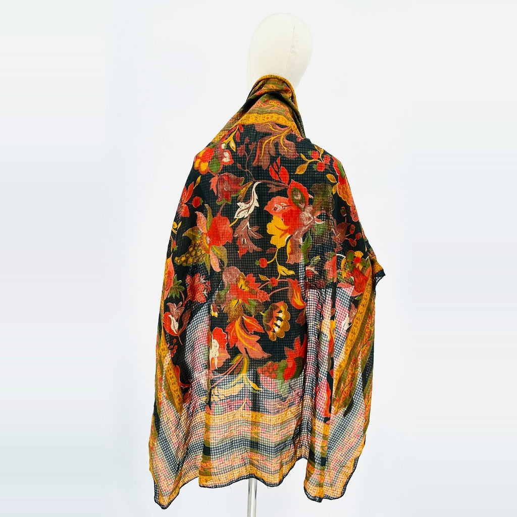Vintage 70s Black Yellow Floral Handrolled Cotton Scarf