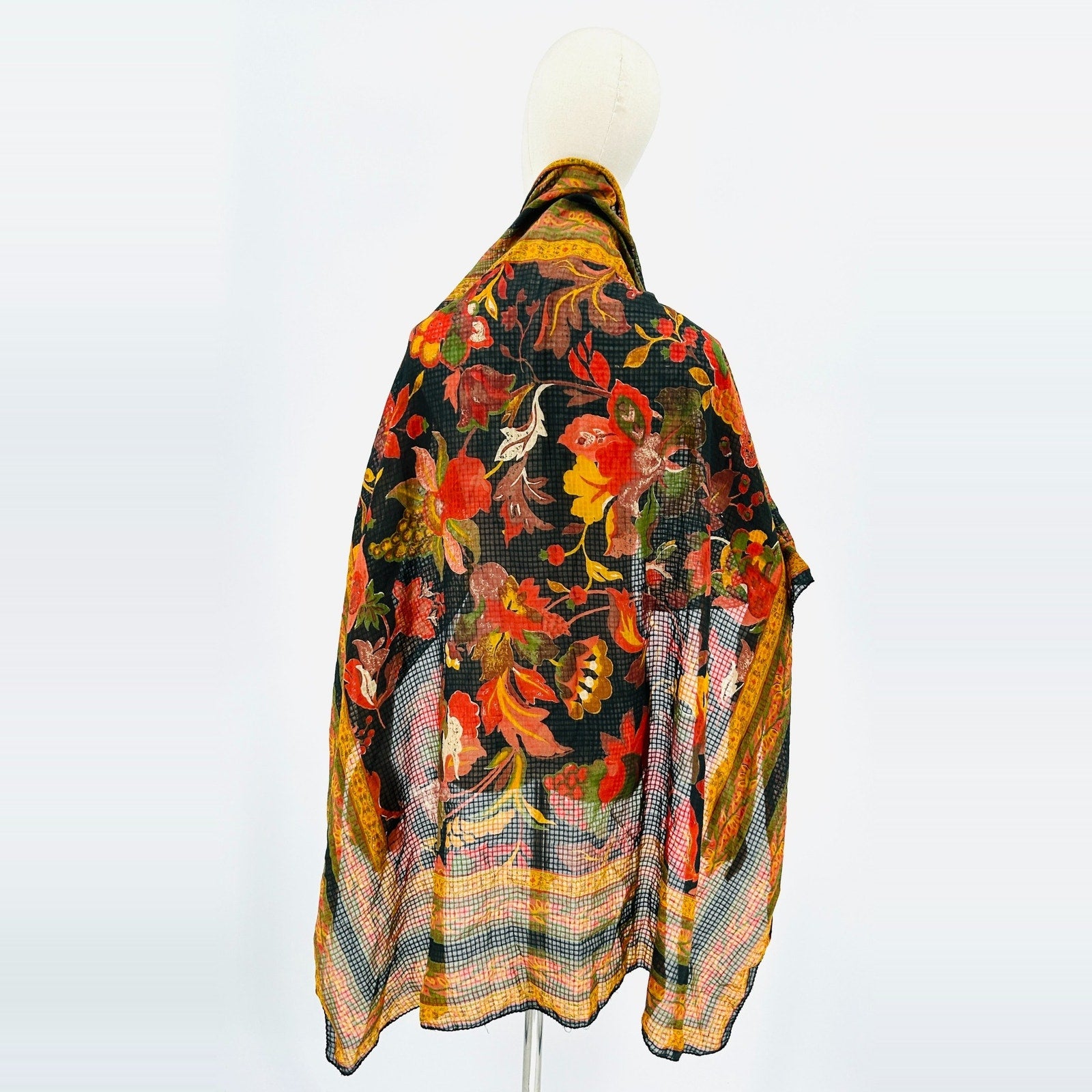 Vintage 70s Black Yellow Floral Handrolled Cotton Scarf